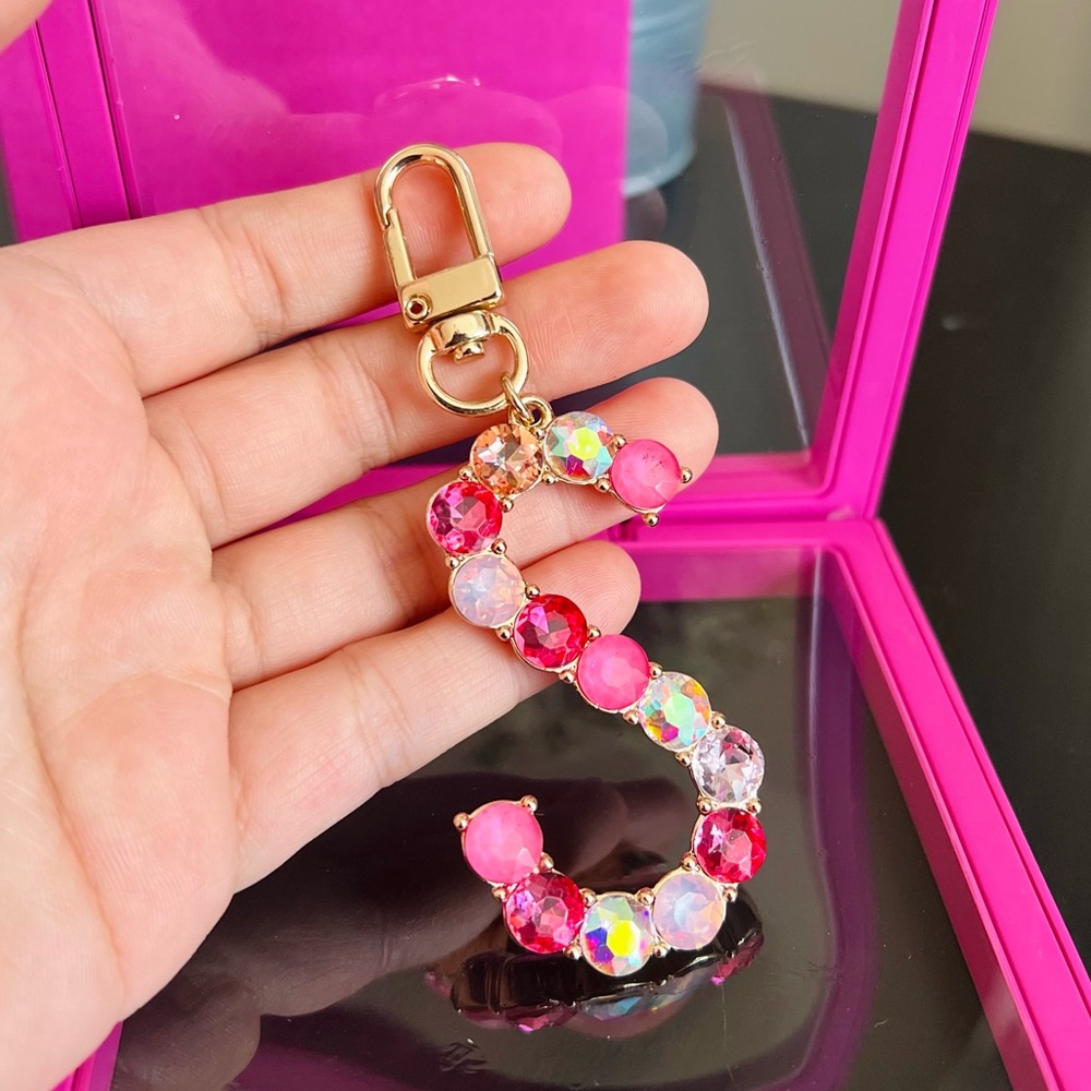 Rhinestone Letter S Keychain Bag Charm Pink Crystal Initial Pendant Gift